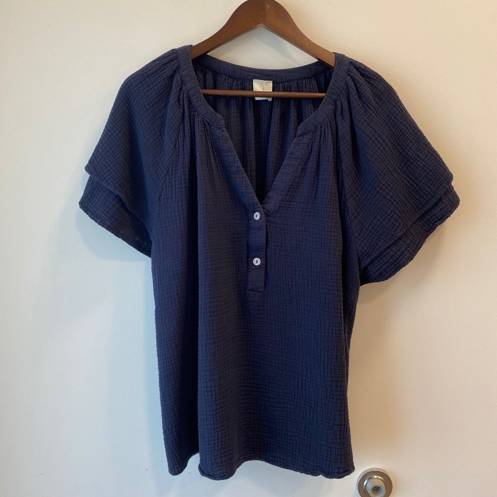 Joie Blouse Womens XL Blue Cotton Double Gauze Short Sleeve Split Neck Top